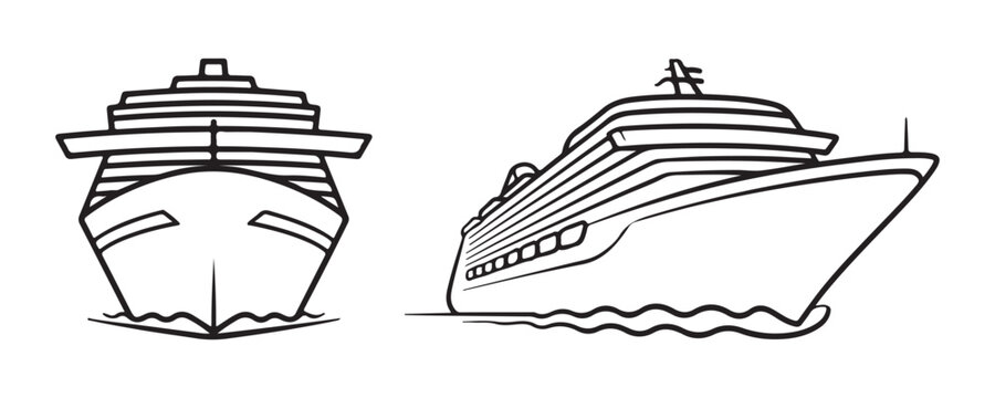 Line art drawing of modern cruise ship sailing on water for travel and vacation illustrations.