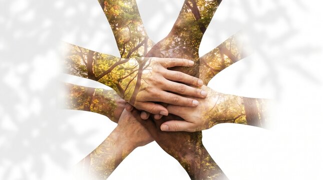 Diverse human hands stacked together in unity with a forest double exposure