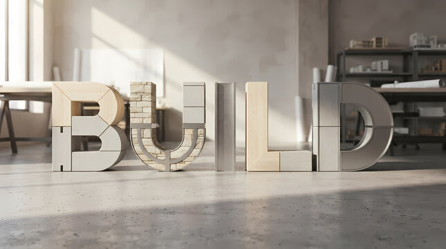 3D typography text build made of architectural block models on clean studio background