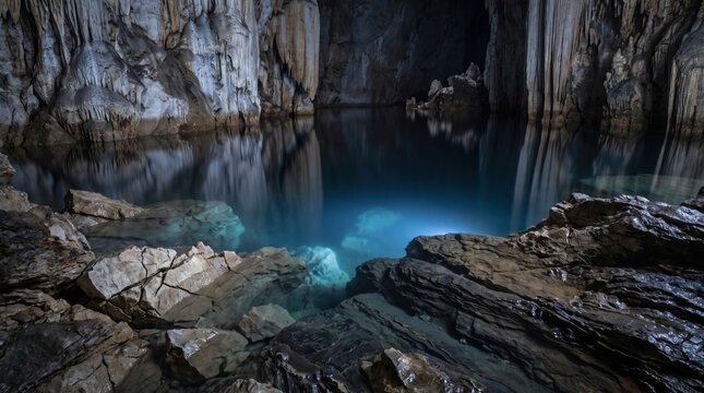 Serene subterranean lake inside a limestone cavern with blue water