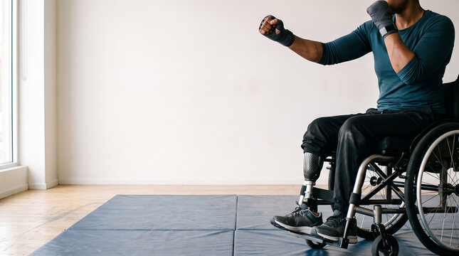 Parathlete in Wheelchair with Prosthetic Leg Practicing Boxing Punch Technique
