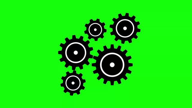 Rotating gears and cogs animation on green screen, teamwork and mechanism concept