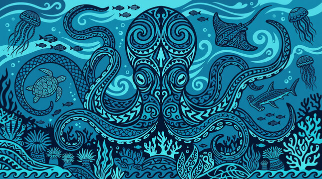 Vibrant Tribal Art of an Octopus with Marine Creatures and Coral Reef