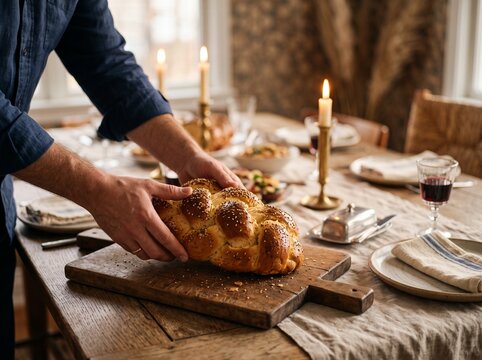 Hands placing fresh challah on a rustic table.