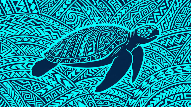 Polynesian Tribal Art Sea Turtle Swimming in Patterned Ocean