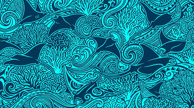Polynesian Tribal Seamless Pattern with Manta Rays and Coral Reef