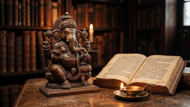 Ganesha Idol Beside Open Ancient Sacred Scripture Book in Study