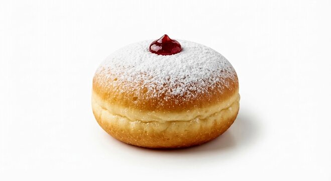 Hanukkah sufganiyah doughnut
a round, jam-filled doughnut dusted with powdered sugar, set against a flawless white background.