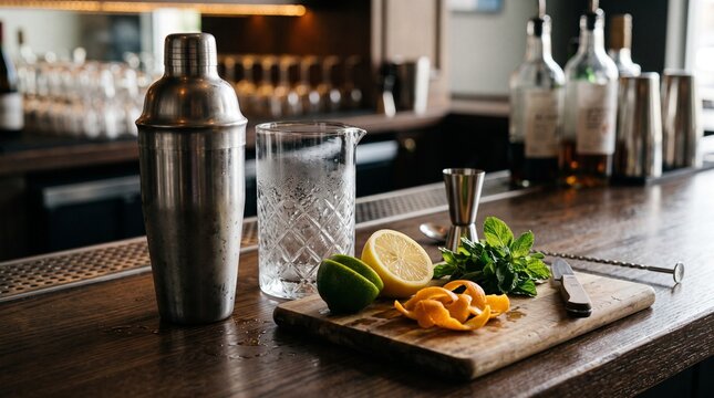 Cocktail preparation station with shaker citrus mint stylish setup