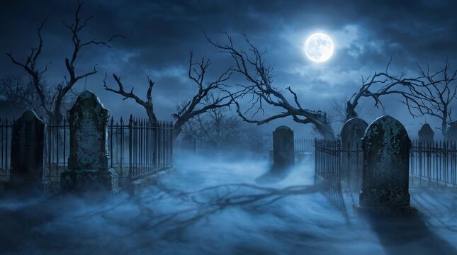 Full moon shining over an eerie misty graveyard with dark barren trees and iron fence