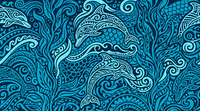 Seamless Blue Tribal Pattern with Dolphins and Aquatic Plants