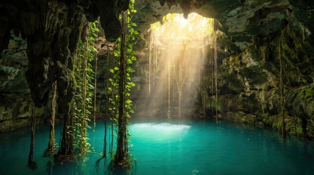 Sunlight shining into a tropical cenote cave with turquoise water and