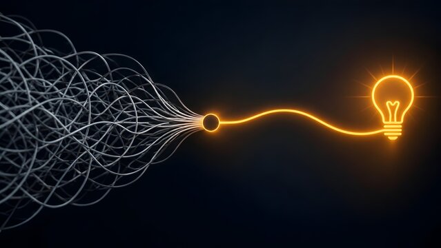 Abstract concept of finding a simple solution from a complex problem showing tangled wires evolving into a single glowing light bulb icon on dark background for innovation and creative thinking