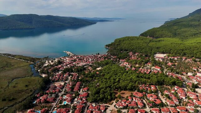 Aerial View of Akyaka Coastal Town and Azmak River in Mugla Turkey