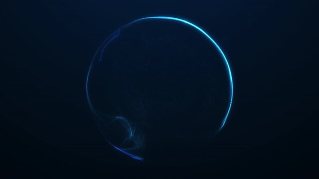 A luminous cyan particle shell surrounds a dark center. Abstract sphere loop for futuristic branding and science presentations.