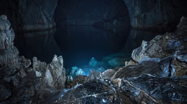 Dark underground cavern with reflective water and limestone rock