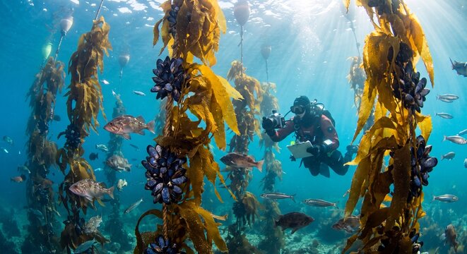 Underwater Vertical Ocean Farm with Kelp and Diver