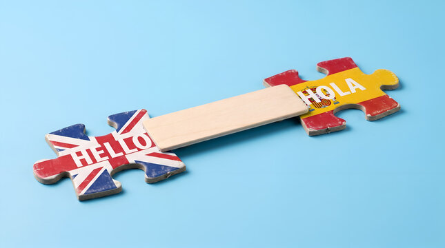 Wooden Bridge Connecting English and Spanish Flag Puzzle Pieces Symbolizing Translation