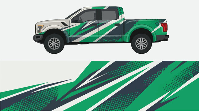 Car Wrap Design with Camouflage Dots and Stripes in Green and Dark Gray