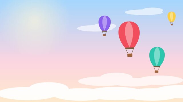 Colorful hot air balloons flying in the blue sky with fluffy white clouds during a sunny morning