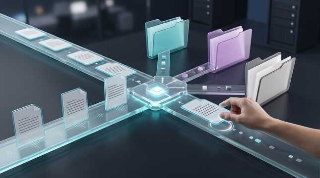 Human hand sorting digital files into folders on automated conveyor belt system to represent efficient document management and data organization for modern businesses