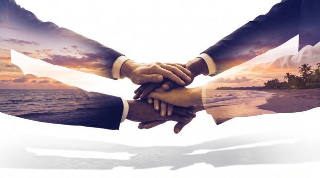 Multiple business people stacking hands together in unity with beach sunset overlay