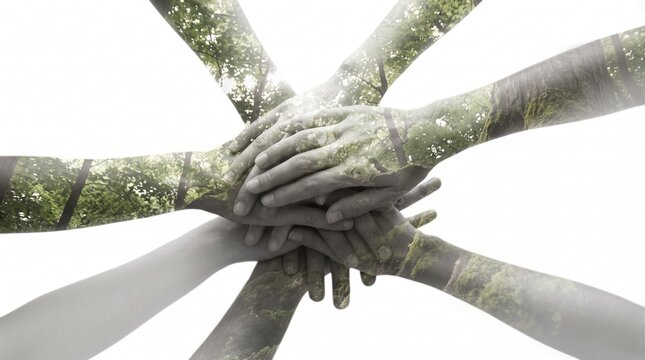 Multiple hands stacked together in unity with forest texture double exposure representing teamwork and connection