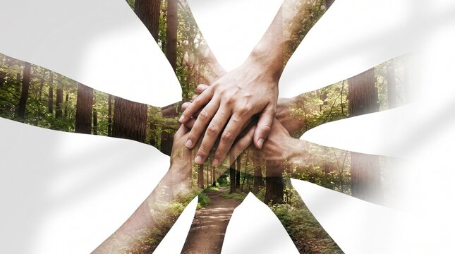 Multiple human hands stacked in unity with a forest double exposure