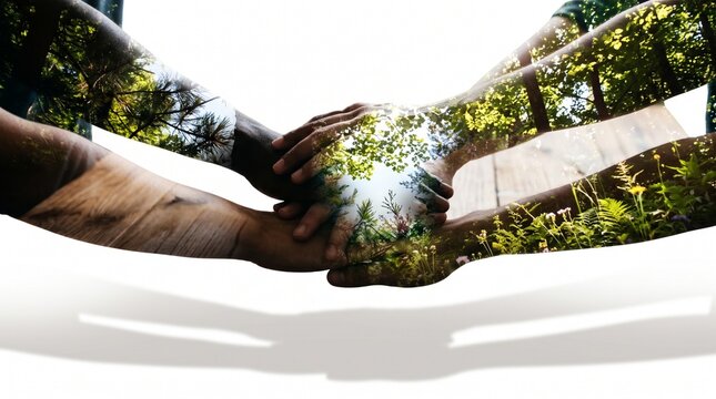 Multiple human hands stacked together combined with lush green forest trees in double exposure representing teamwork and unity