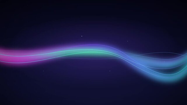Abstract glowing light wave background with blue and purple flowing lines on dark navy backdrop