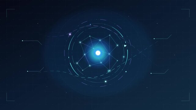 Abstract blue technology circle with glowing light connections and digital grid lines on dark background