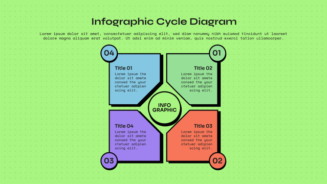 cycle infographic template with four point quadrant cut corner card center circle number badge layout, neobrutalism flat style