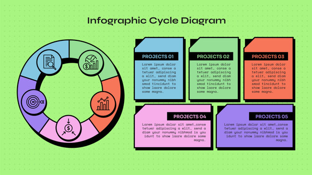 cycle infographic template with five point ring segment circle badge cut corner card layout, neobrutalism flat style