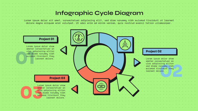 cycle infographic template with three point donut ring segment square tile cursor pointer layout, neobrutalism flat style