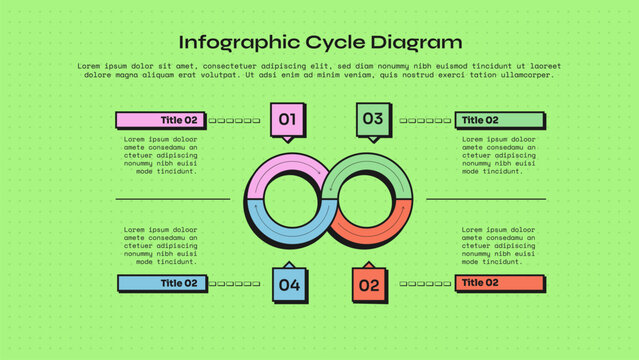 cycle infographic template with four point infinity loop figure eight segment square number tag layout, neobrutalism flat style