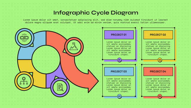 cycle infographic template with four point donut ring segment big curved arrow circle badge frame card layout, neobrutalism flat style
