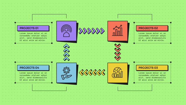cycle infographic template with four point square tile repeated chevron arrow frame box layout, neobrutalism flat style