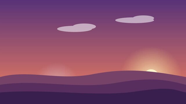 Bright yellow sun shining over green rolling hills in a clear blue sky with two small white clouds