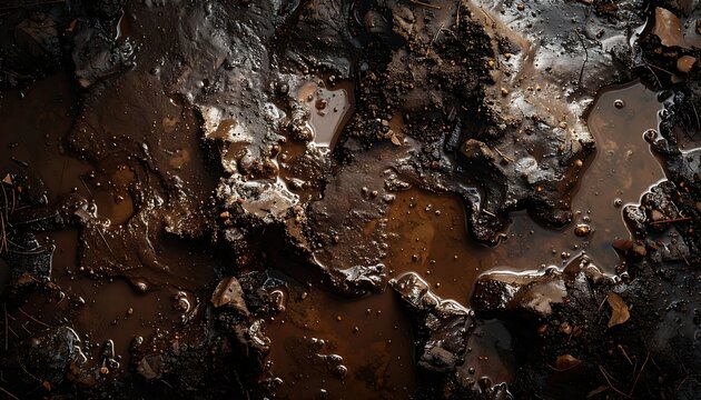 Close-up of dark, textured, and wet mud with various shades of brown and hints of metallic sheen.