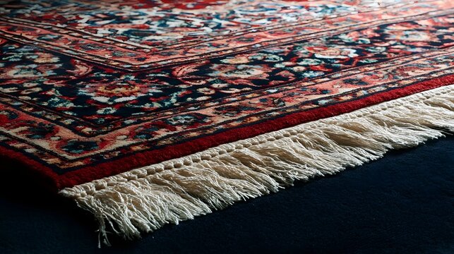 Close up of a richly patterned rug with intricate floral designs and cream colored fringe against a dark floor