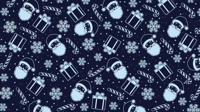 4K seamless loop of dual-tone blue line art Santa, ribbon gifts, candy canes, and detailed snowflakes on a navy snowfall backdrop. Ideal for holiday video intros, ad promos, and event displays.