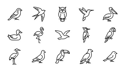 Fototapeta premium Black and white vector icons of various wild birds