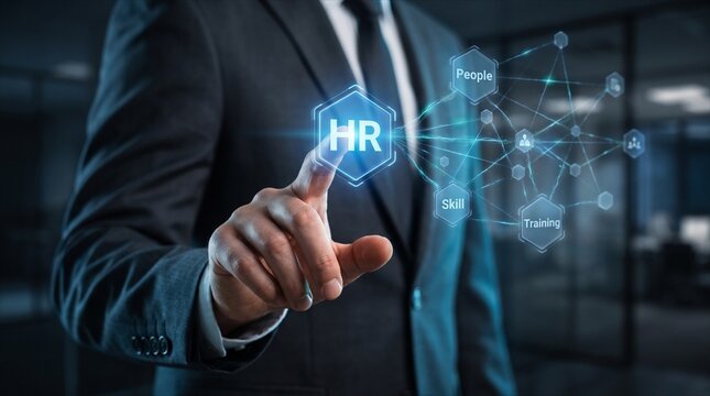 Businessman Touching Holographic HR Icon Connected to People, Skill, and Training Nodes for Efficient Human Resource Management, Talent Acquisition, and Workforce Development