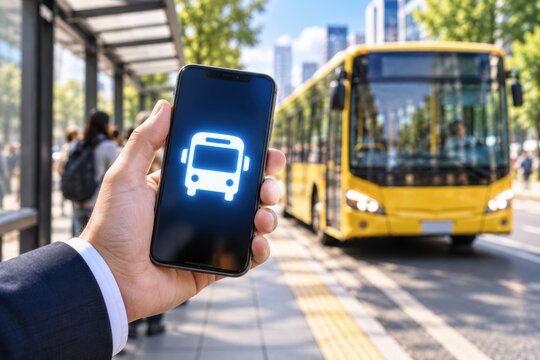 A man in a suit holds a smartphone displaying a glowing bus icon while waiting at a bus station.