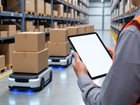 A warehouse worker holding a tablet with a blank screen observes autonomous robots moving cargo.