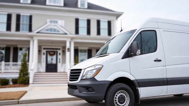 A white commercial cargo van is parked on a suburban street in front of a modern residential home.