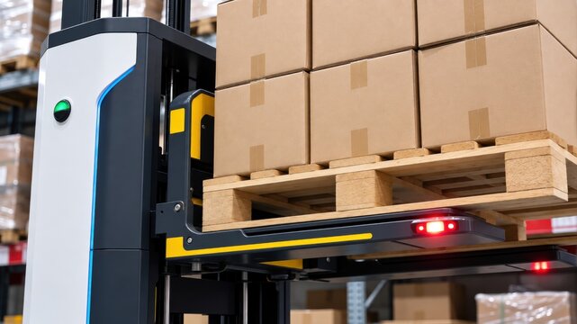 An autonomous industrial forklift carrying a wooden pallet with cardboard boxes in a warehouse.