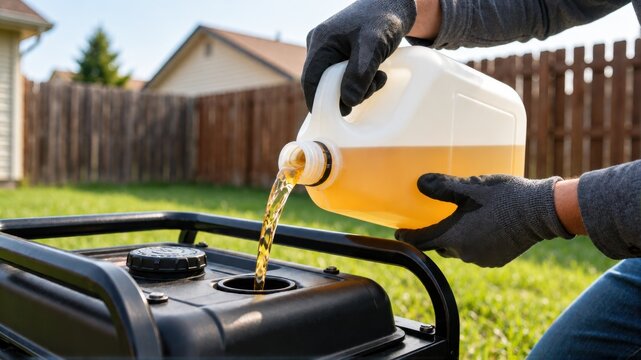 A person wearing work gloves pouring fuel into a portable generator in a residential backyard setting.