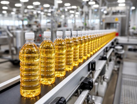 A long row of filled plastic bottles with yellow liquid moving along a factory production conveyor.