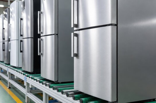 A close-up view of stainless steel refrigerators on a production line inside a modern factory.